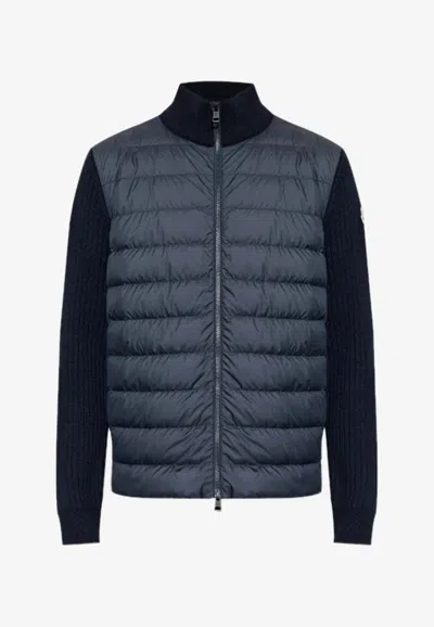 Moncler Logo-patched Ribbed Cardigan In Blue