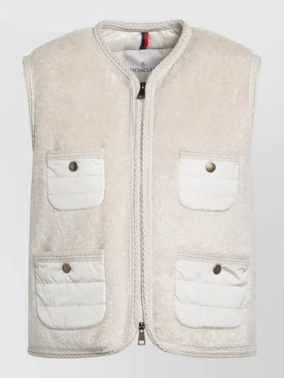 Moncler Long Coat Sleeveless Design Patch Pockets In Neutral
