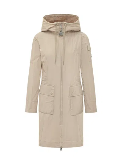 Moncler Long Down Jacket With Hood And Pockets In Neutral