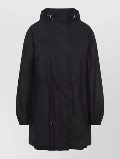 Moncler Long Hooded Coat Elastic Cuffs Drawstring Waist In Black