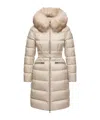 Moncler Boedic Hooded Shearling-trimmed Long Down Jacket In Nude