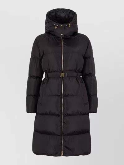 Moncler Long Hooded Quilted Jacket Belted Waist In Blue