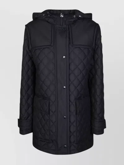 Moncler Long Hooded Quilted Jacket Side Pockets In Black
