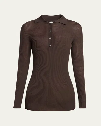 Moncler Long-sleeve Fine Rib Polo Top In Brown