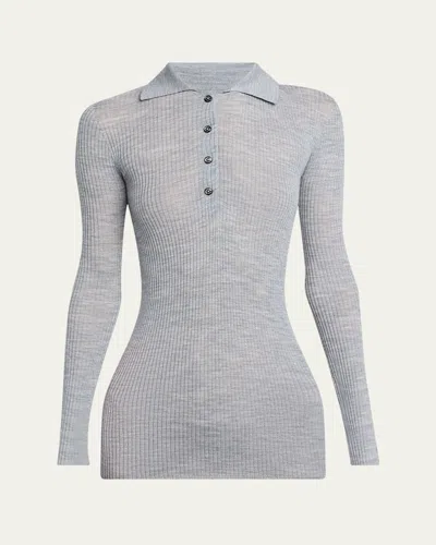 Moncler Long-sleeve Fine Rib Polo Top In Gray