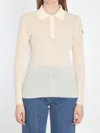 Moncler White Ribbed Polo Shirt With Logo Patch Applied On The Sleeve In Cotton Blend Woman