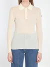 Moncler White Ribbed Polo Shirt With Logo Patch Applied On The Sleeve In Cotton Blend Woman In White