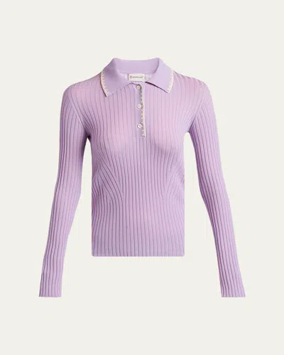 Moncler Long-sleeve Rib-knit Polo In Purple