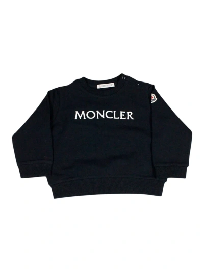 Moncler Kids' Long-sleeved Crew-neck Sweatshirt In Fine Cotton With Writing On The Chest In Blu