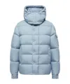Moncler Long Little Down Jacket With Square Quilting And Hood In Blue