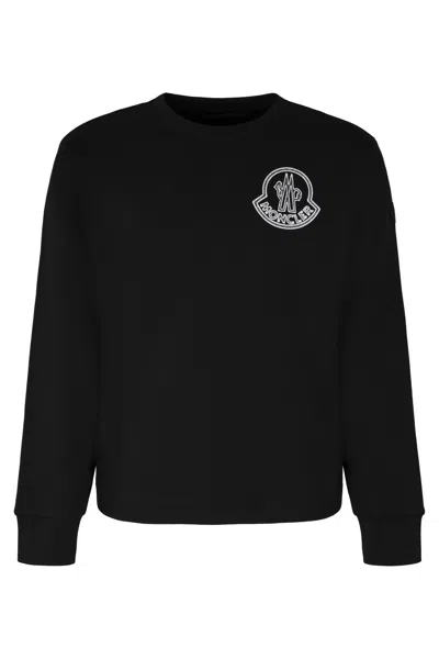 Moncler Logo-patch Crew-neck Cotton Sweatshirt In Black