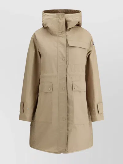 Moncler Long Waterproof Hooded Jacket In Neutral
