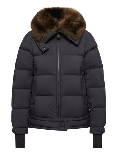 Moncler Long-haired Sheepskin Collar Down Parka With Pull-out Hood In Blue