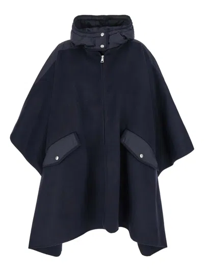 Moncler Long-season Hooded Wool-blend Zip Jacket For Women In Blu