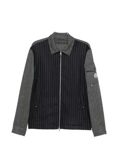 Moncler Herringbone Wool Blend Zip-up Shirt In Gray