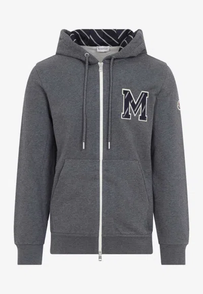 Moncler M Patch Zip-up Hooded Sweatshirt In Gray