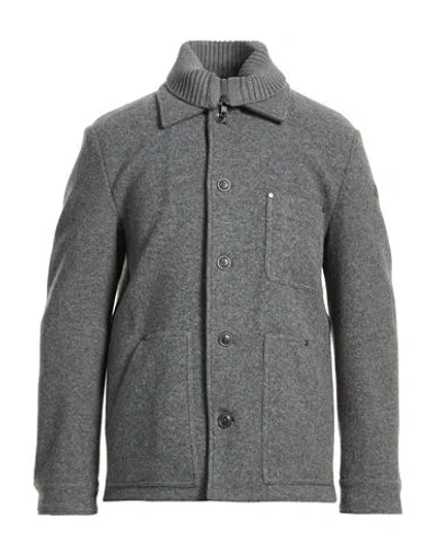 Moncler Man Coat Grey Size 4 Virgin Wool, Calfskin In Gray