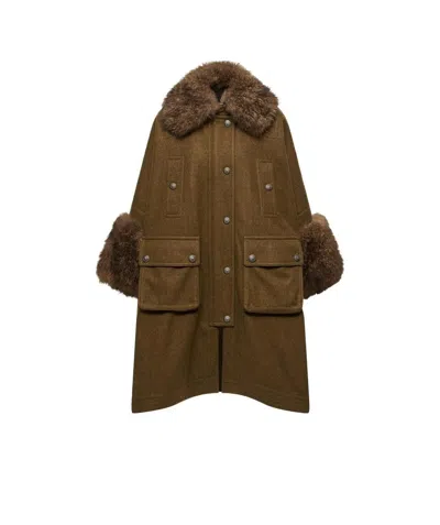 Moncler Mantreau Shearling-trimmed Loden Cape In Brown