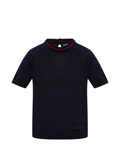 Moncler Marine Stripe Sweater With Maroon Neck In Blue