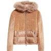 Moncler Marne Mixed Media Down Jacket With Removable Genuine Goat Hair Trim Hood In Beige