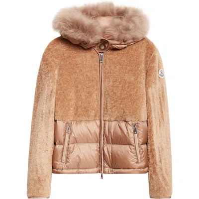 Moncler Marne Mixed Media Down Jacket With Removable Genuine Goat Hair Trim Hood In Beige