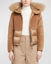 Moncler Marne Mixed Media Down Jacket With Removable Genuine Goat Hair Trim Hood In Medium Beige