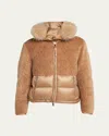 Moncler Marne Mixed Media Down Jacket With Removable Genuine Goat Hair Trim Hood In Medium Beige