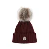 Moncler Ribbed Knit Hat With Fluffy Pom-pom In Burgundy