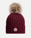 Moncler Maroon Logo Ribbed Texture Beanie Hat In Red