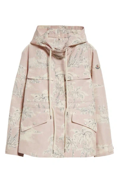 Moncler Marpe Palm Tree Printed Short Parka Jacket In Pastel Pink