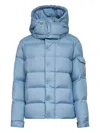 Moncler Long Little Down Jacket With Square Quilting And Hood In Blue