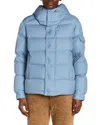 Moncler Long Little Down Jacket With Square Quilting And Hood In Blue