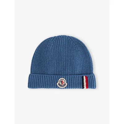 Moncler Medium Blue Kids' Tricolour-trimmed Wool Beanie Hat Xxs