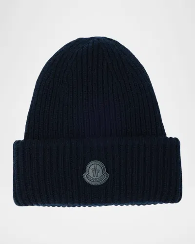 Moncler Men & Apos;s Cashmere Rib Leather-logo Beanie Hat In Blue