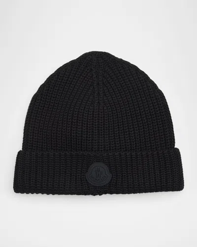 Moncler Men & Apos;s Cotton Knit Logo Beanie Hat In Black