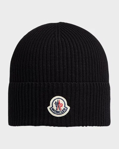 Moncler Men & Apos;s Logo Cotton Rib Beanie Hat In Black
