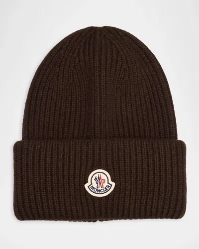 Moncler Men & Apos;s Wool And Cashmere Ribbed Logo Beanie Hat In Brown