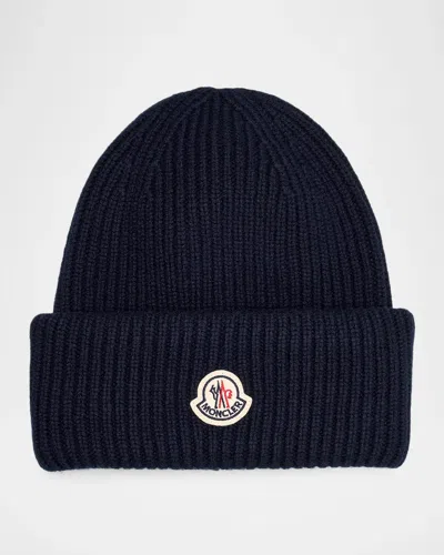 Moncler Men & Apos;s Wool And Cashmere Ribbed Logo Beanie Hat In Navy Blue
