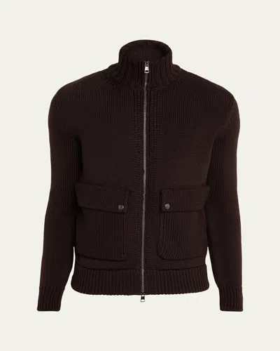 Moncler Men's Back-quilted Wool Knit Cardigan In Brown