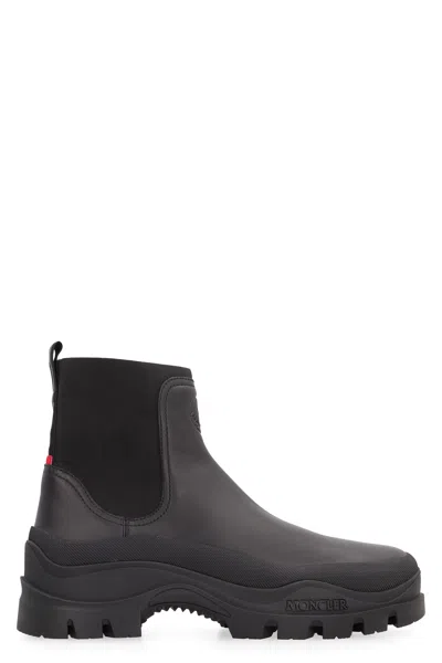 Moncler Men's Black Leather Chelsea Boots With Embossed Logo And Tricolor Detail