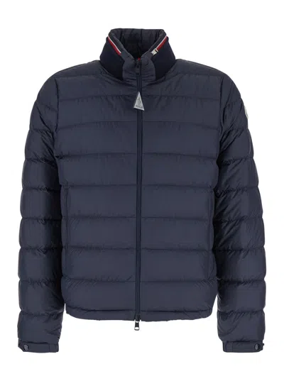 MONCLER MONCLER MEN 'BRENDANN' BLUE DOWN JACKET WITH REMOVABLE HOOD AND STAND-UP RIBBED COLLAR IN TECH FABRI