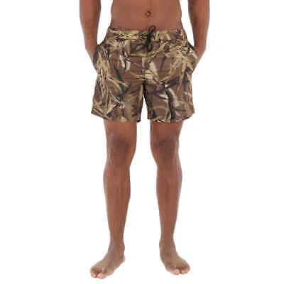 Pre-owned Moncler Men's Brown Leaf Print Swim Shorts