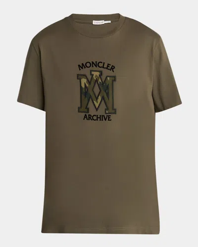 Moncler Men's Camouflage Logo Crewneck T-shirt In Brown