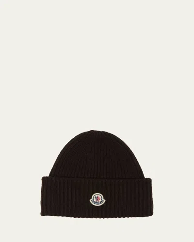 Moncler Men's Cashmere And Wool Rib Logo Beanie Hat In Black