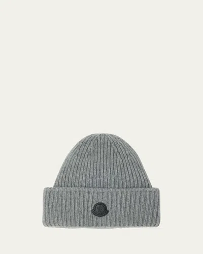 Moncler Men's Cashmere Rib Leather-logo Beanie Hat In Brown