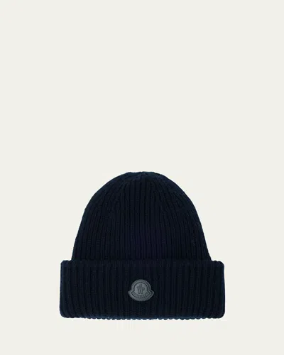 Moncler Men's Cashmere Rib Leather-logo Beanie Hat In Neutral