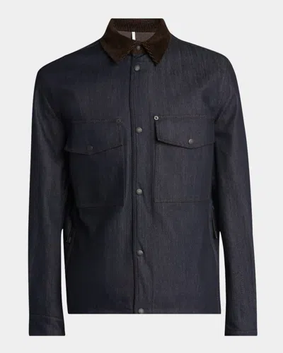 Moncler Men's Corduroy-collar Denim Shirt Jacket In Blue
