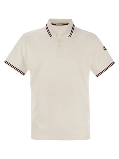 Moncler Men Cotton Pique Polo Shirt With Striped Hemline In Cream
