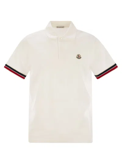 Moncler Men Cotton Pique Polo Shirt With Striped Hemline In Beige