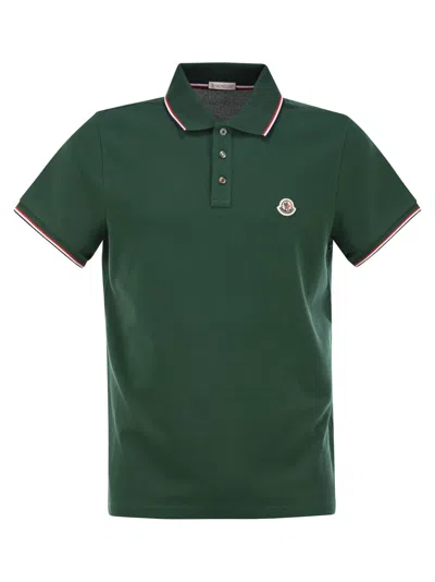 Moncler Men Cotton Pique Polo Shirt With Tricolor Trim In Green